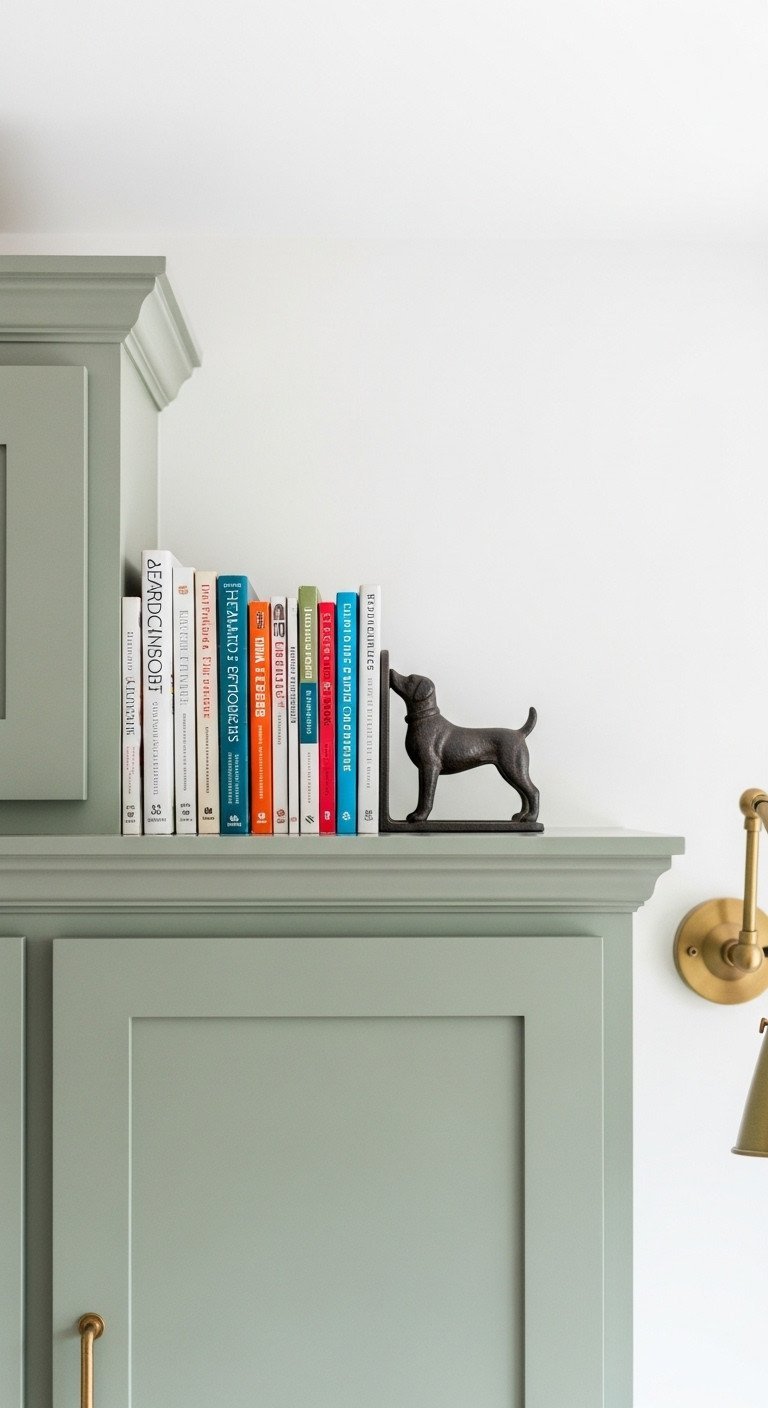 A row of colorful hardcover cookbooks held by a cast-iron dog bookend sits above sage green cabinets in a country kitchen.