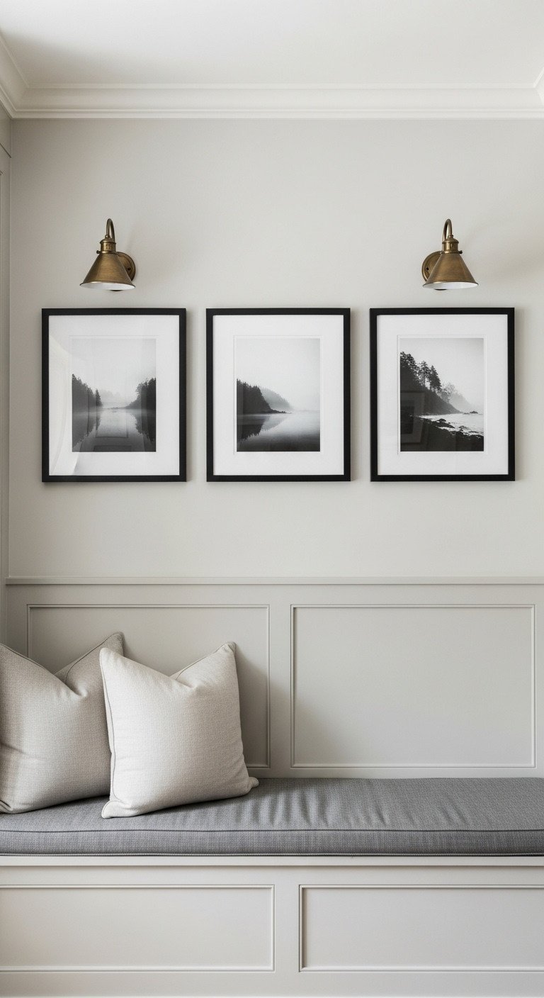 A row of three framed black and white landscape photos hangs above a dining bench on a greige wall in a transitional kitchen.