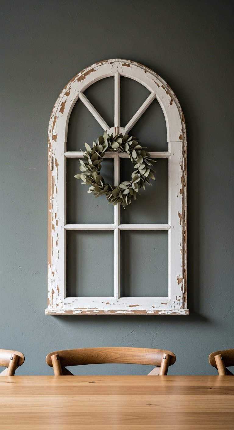 13 Stunning French Country Wall Decor Ideas For Your Kitchen 23 A rustic arched window frame with peeling white paint and a eucalyptus wreath hangs on a dark green kitchen wall.