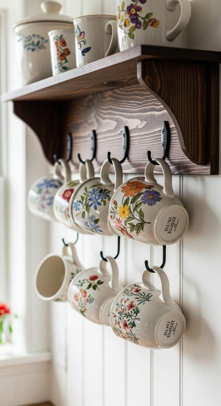 Beautiful Cottage Core Kitchen Decor Ideas For A Cozy Space 17 A rustic dark wood mug rack with metal hooks displays quaint ceramic mugs on a white shiplap wall in a cottagecore kitchen.