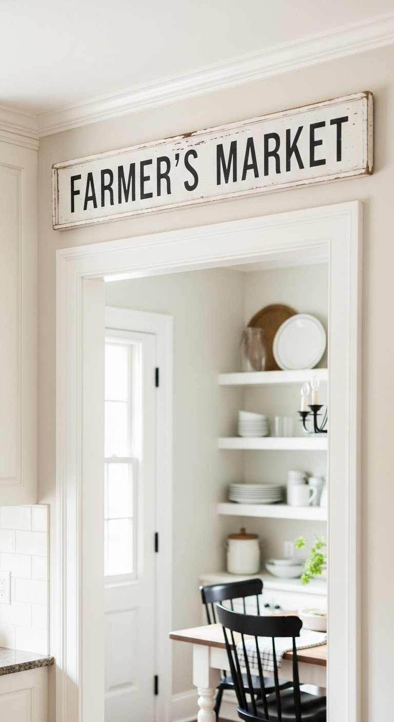 11 Traditional Kitchen Wall Decor Ideas To Get The Look Right 17 A rustic, distressed white wooden "Farmer's Market" sign with black lettering hangs above a kitchen doorway for decor.