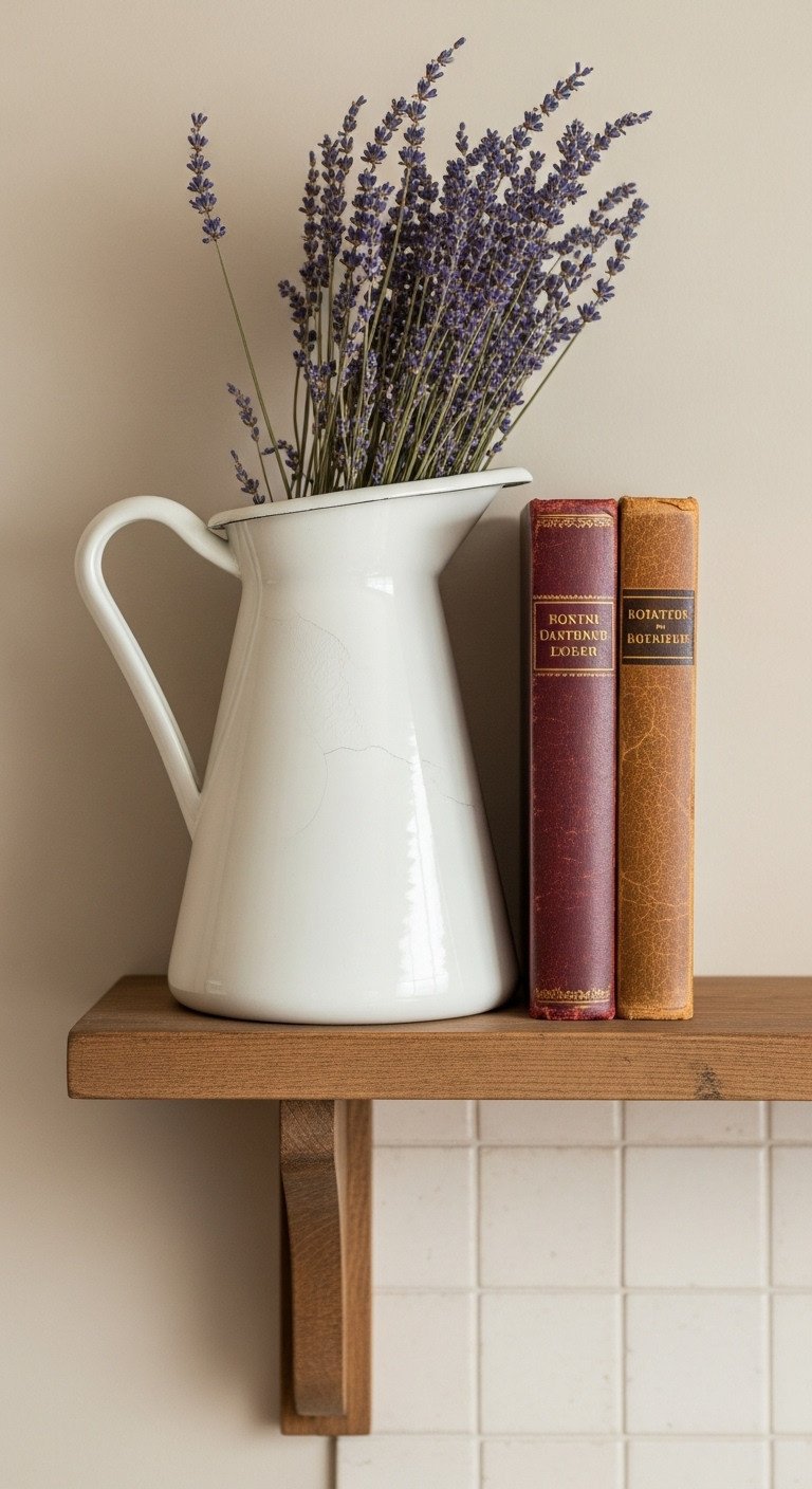 13 Stunning French Country Wall Decor Ideas For Your Kitchen 17 A rustic floating wood shelf in a kitchen, styled with a white ceramic pitcher of lavender and antique books.