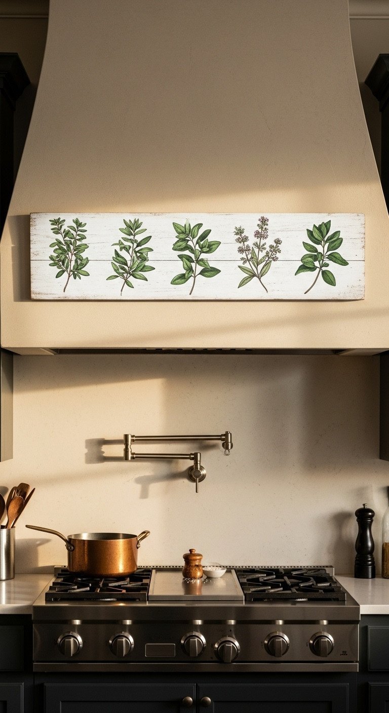A rustic hand-painted wooden herb sign hangs on a beige wall above a stove in a modern farmhouse kitchen with dark cabinets.