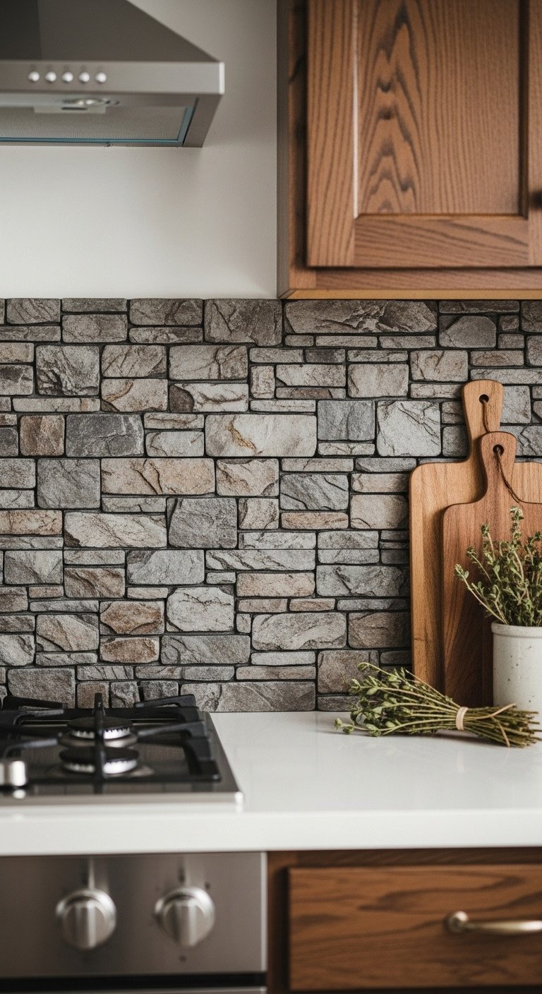 A rustic kitchen features a DIY peel-and-stick backsplash with interlocking 3D faux stone panels in gray and brown.