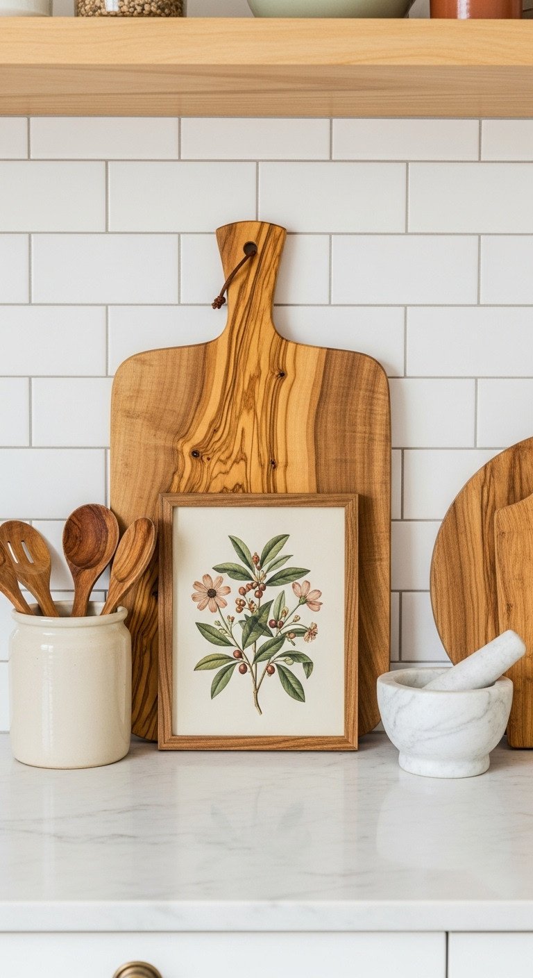 9 Brilliant Kitchen Corner Ideas Beyond The Countertop 11 A rustic olive wood cutting board and botanical art print layered on a marble kitchen counter for decor.
