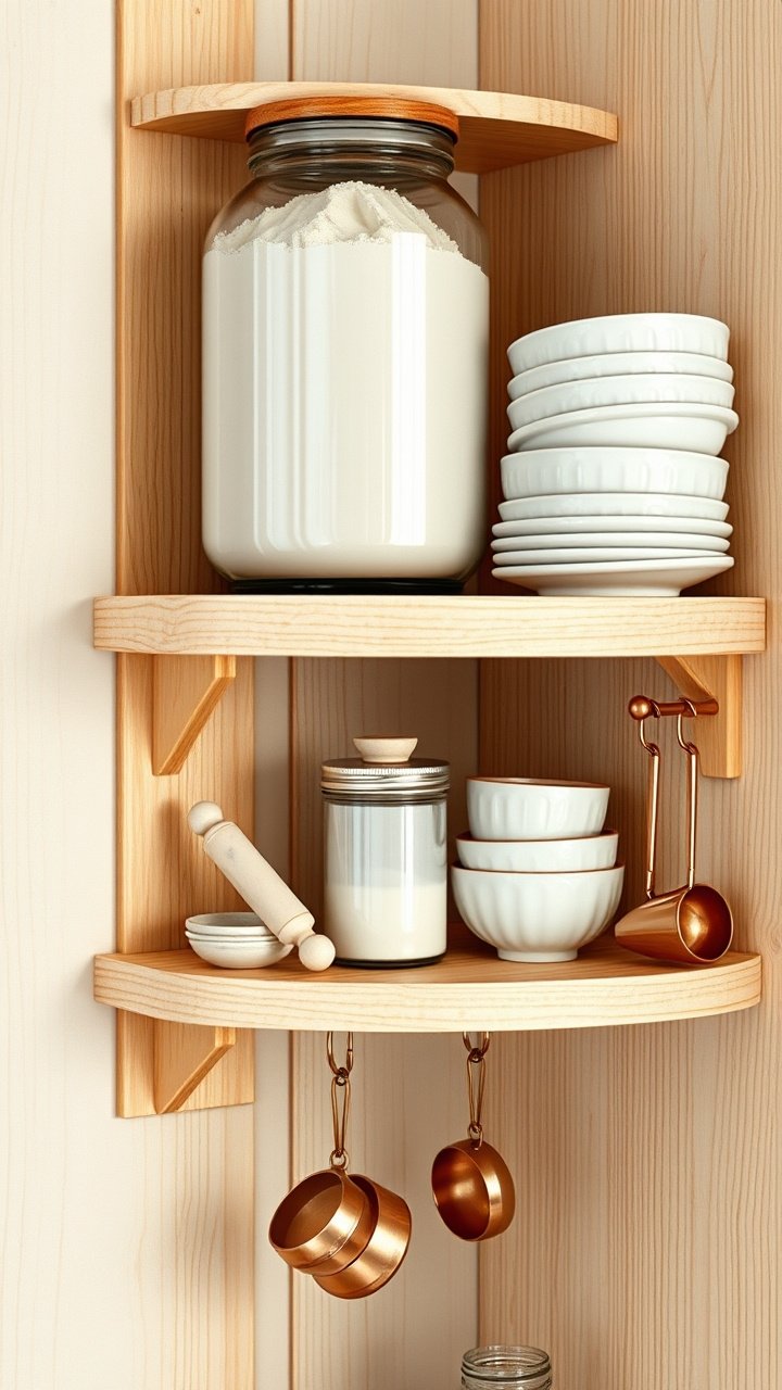 A rustic reclaimed wood floating shelf on a white shiplap wall in a modern farmhouse kitchen with ceramic pitcher and plates.