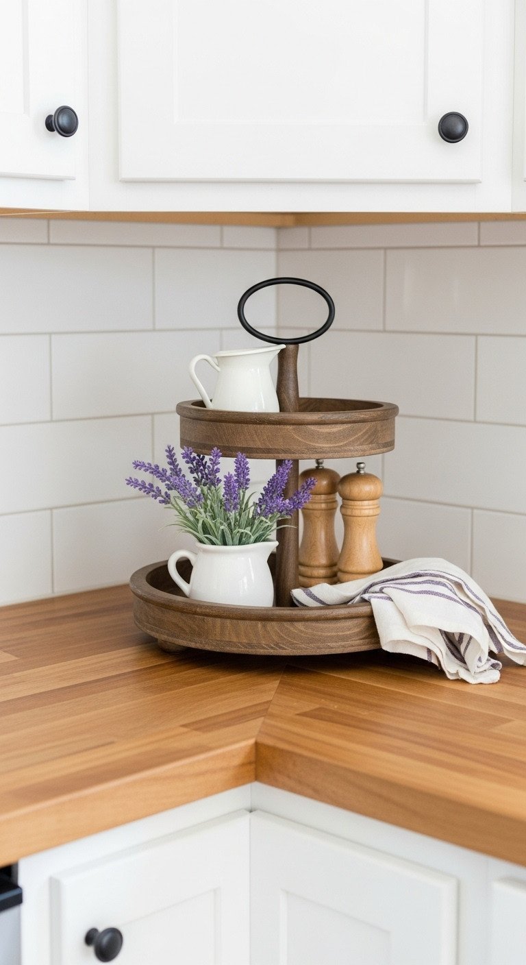 9 Brilliant Kitchen Corner Ideas Beyond The Countertop 3 A rustic two-tier wooden tray styled with a pitcher and lavender for a modern farmhouse kitchen corner decor.