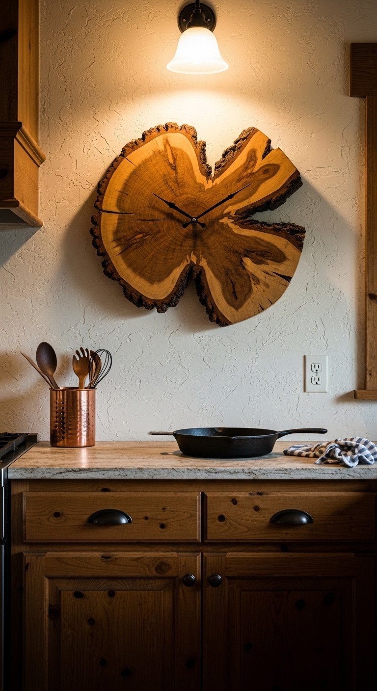 A rustic wall clock made from a natural wood slice with a live edge hangs on a plaster wall in a cozy cabin-style kitchen.