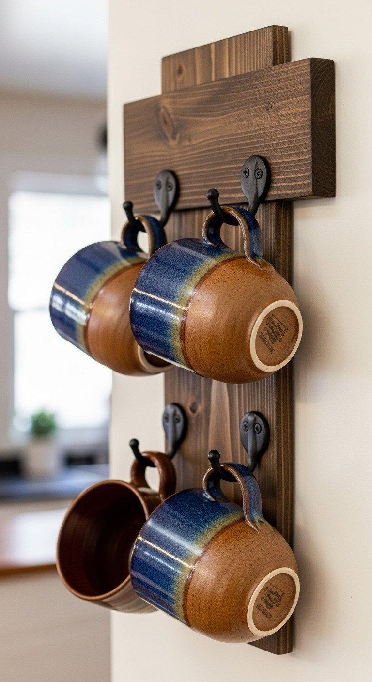 A rustic wall-mounted wooden mug rack with iron hooks holds heavy, handmade pottery mugs on a warm white kitchen wall.