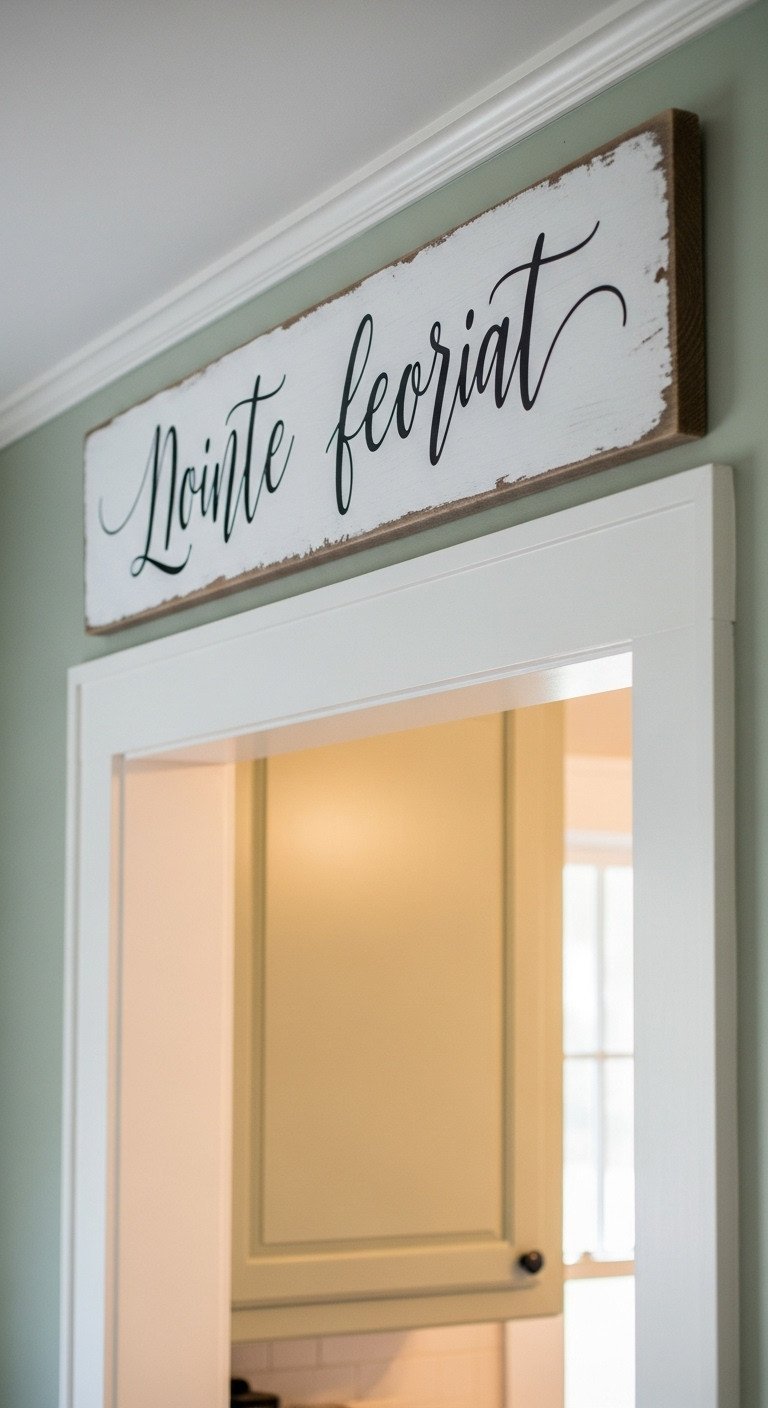13 Stunning French Country Wall Decor Ideas For Your Kitchen 7 A rustic wood sign with a distressed white finish hangs above a doorway on a sage green wall in a kitchen.