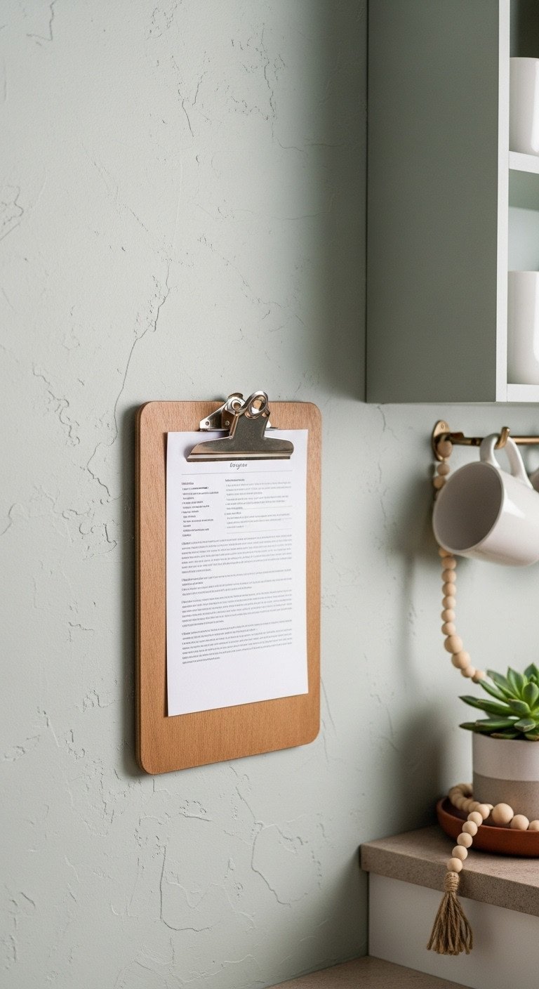 Create Beautiful Recipe Wall Art That Preserves Family Heirlooms 9 A rustic wooden clipboard holding a handwritten recipe hangs on a sage green kitchen wall for a charming DIY display.