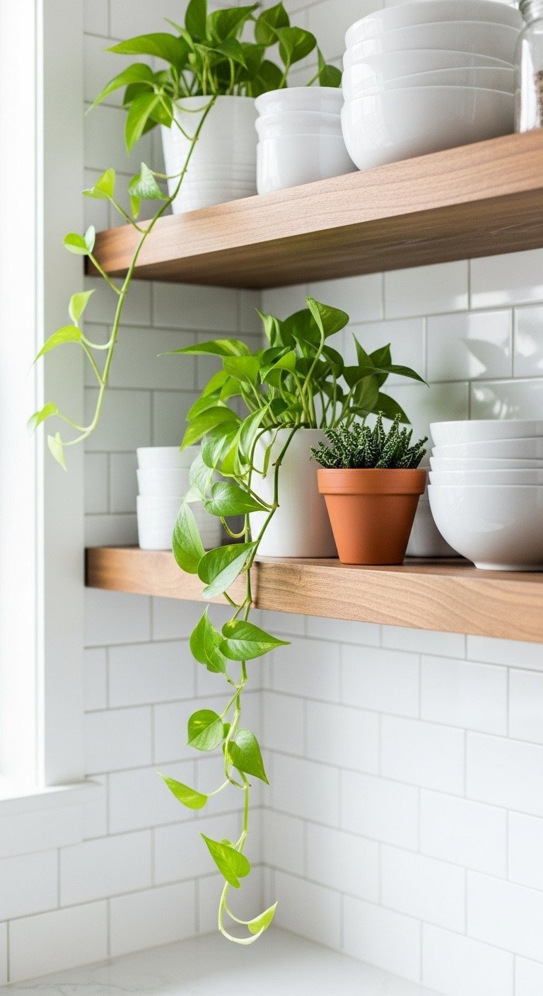 13 Decor Secrets To Make Your Dark Kitchen Feel Brighter 19 A rustic wooden floating shelf holds a collection of green plants, like a trailing pothos, in terracotta and white pots.