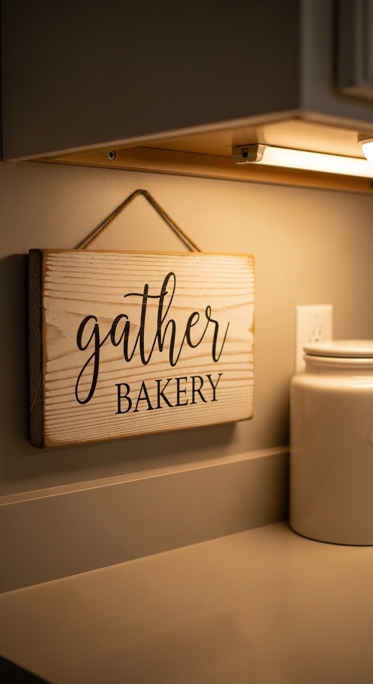 Beautiful Cottage Core Kitchen Decor Ideas For A Cozy Space 15 A rustic wooden sign with 'gather' in an elegant script font hangs on a greige wall in a cozy, warm cottagecore kitchen.