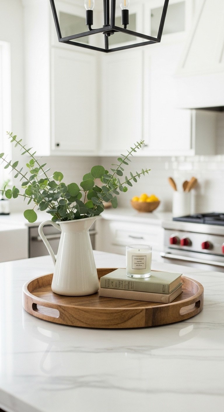 Kitchen Island Decor Secrets For Style And Function 1 A rustic wooden tray styled on a white quartz kitchen island with a pitcher of eucalyptus, vintage books, and a candle.
