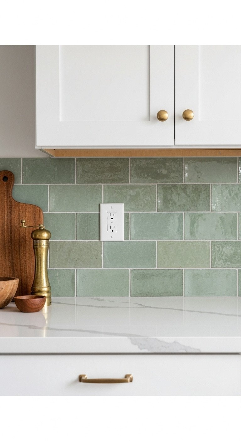 A sage green Zellige tile kitchen backsplash with natural variations and a glossy finish above a white quartz counter.