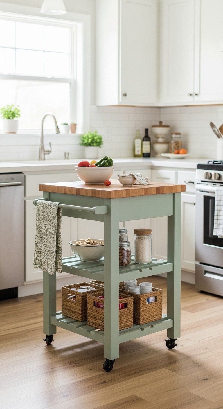11 Genius Small Kitchen Decor Ideas To Maximize Your Space 14 A sage green rolling kitchen cart with a butcher block top provides extra counter space and storage in a small, cozy kitchen.