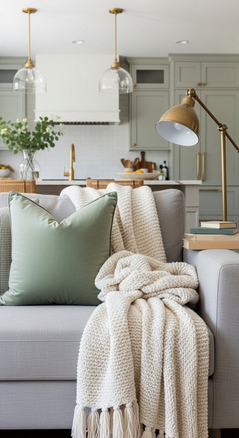 9 Stunning Home Decor Ideas For A Cohesive Living Room And Kitchen 3 A sage green velvet pillow and creamy white knit throw blanket styled on a light gray sofa in a cozy, open-plan living room.