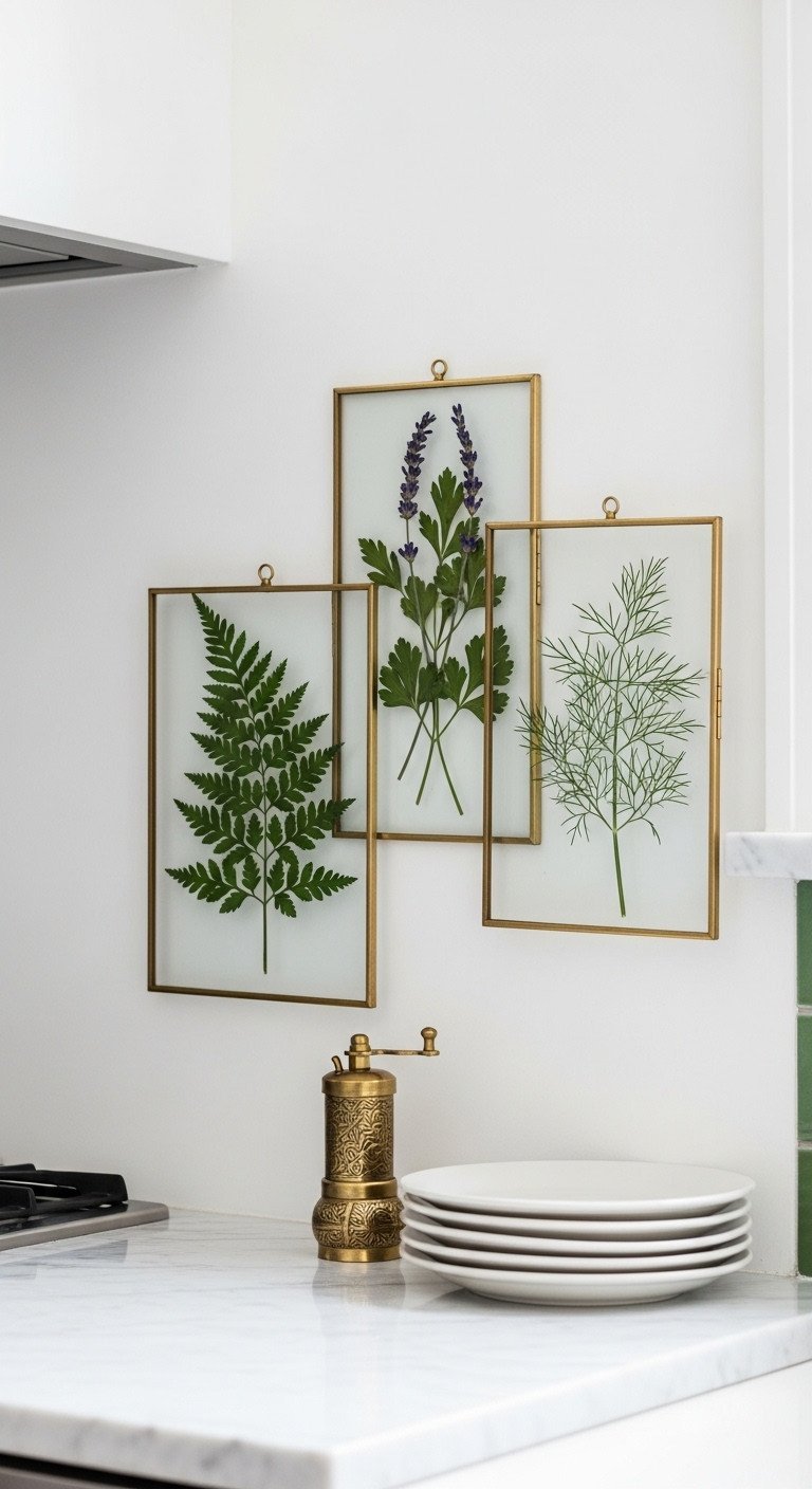 A set of three pressed herbs in brass floating glass frames hangs on a white wall in an eclectic kitchen with a marble counter.