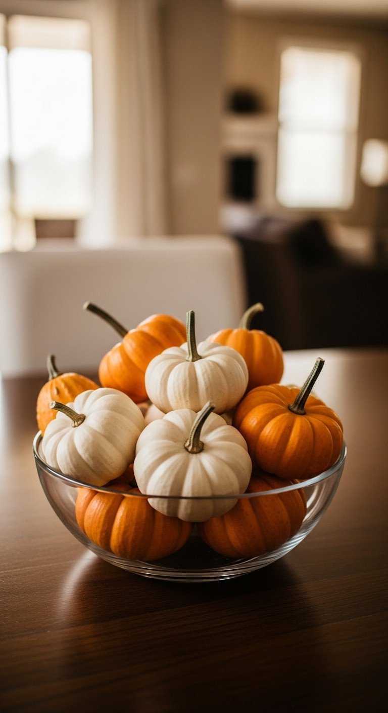 A simple Autumn centerpiece in a glass bowl filled with mini white and orange pumpkins and gourds on a dark wood table.