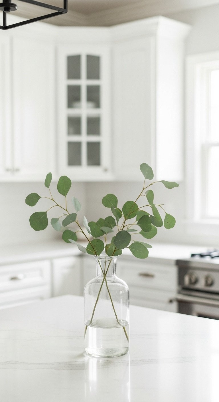 A simple clear glass vase with fresh green eucalyptus stems sitting on a white marble kitchen island for a minimalist look.