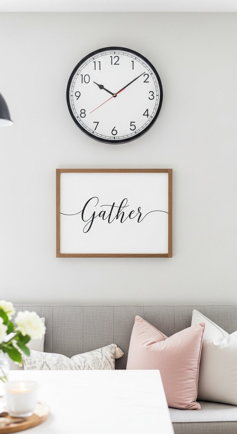 A simple round clock paired with a framed 'Gather' sign hangs on a gray wall above a stylish kitchen banquette with pillows.