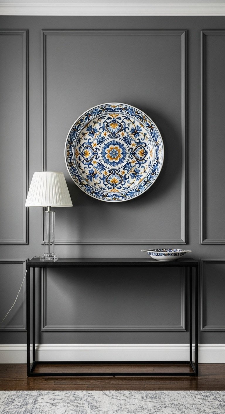 Stunning Plate Wall Decor And The Secrets To Hang It Right 15 A single oversized, ornate blue and gold ceramic platter hung as focal point art on a charcoal gray entryway wall.