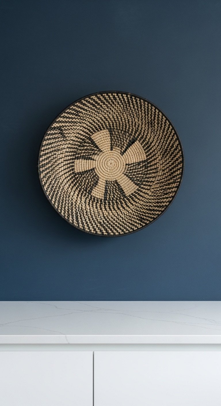 A single oversized, patterned African woven basket makes a statement on a deep navy blue wall above a white quartz counter.