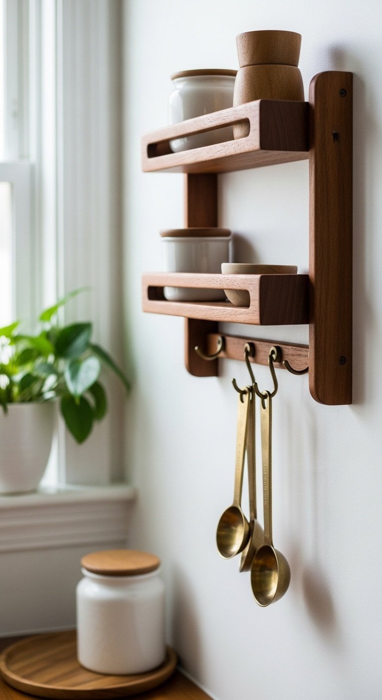 A sleek Mid-Century Modern teak wood wall organizer with brass spoons hanging on a clean, off-white kitchen wall.