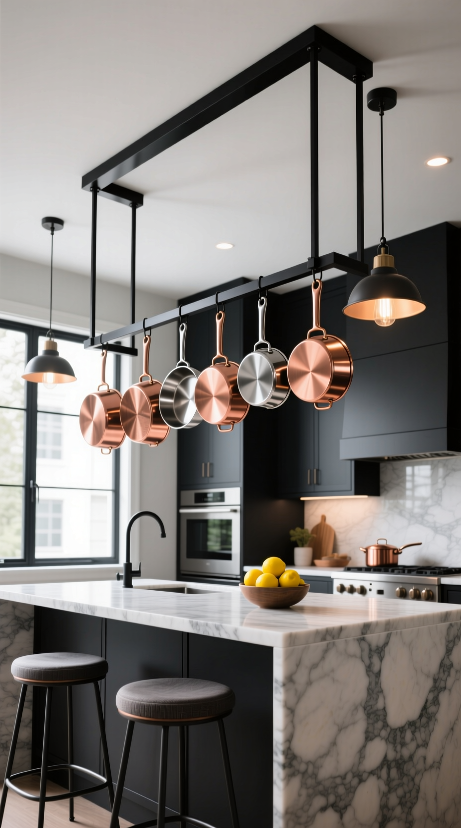 A sleek black metal pot rack with hanging copper pans suspended over a marble island in a modern, dark kitchen.