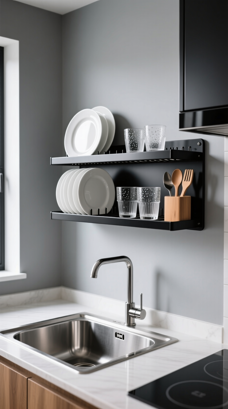 Genius Kitchen Wall Decor Ideas To Elevate Your Sink 12 A sleek black stainless steel dish rack mounted on a gray wall above a sink, holding white plates and utensils.