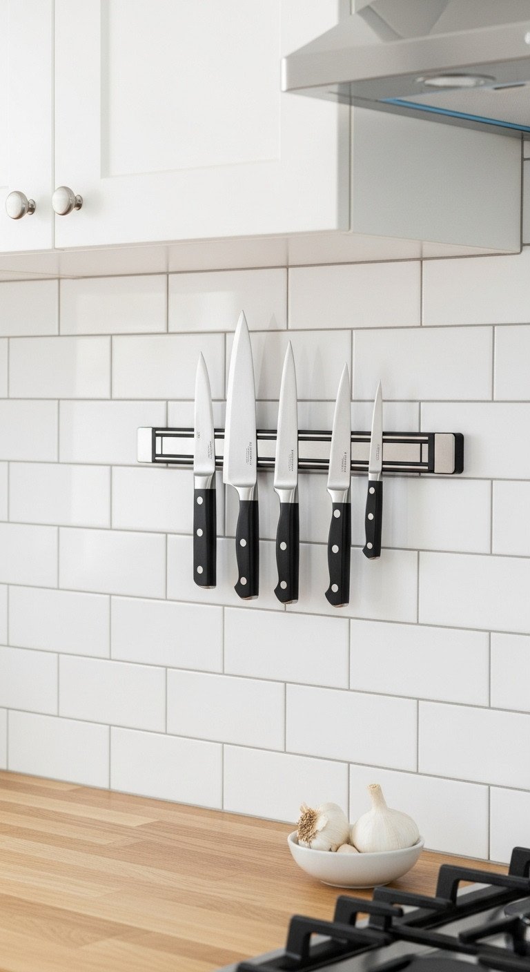 11 Genius Small Kitchen Decor Ideas To Maximize Your Space 12 A sleek stainless steel magnetic knife strip holding chef's knives, mounted on a white subway tile kitchen wall.