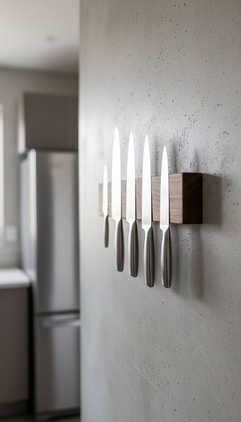 13 Minimalist Kitchen Wall Decor Ideas For Every Style 23 A sleek walnut wood magnetic knife strip holds a set of five matching kitchen knives on a textured light gray wall.