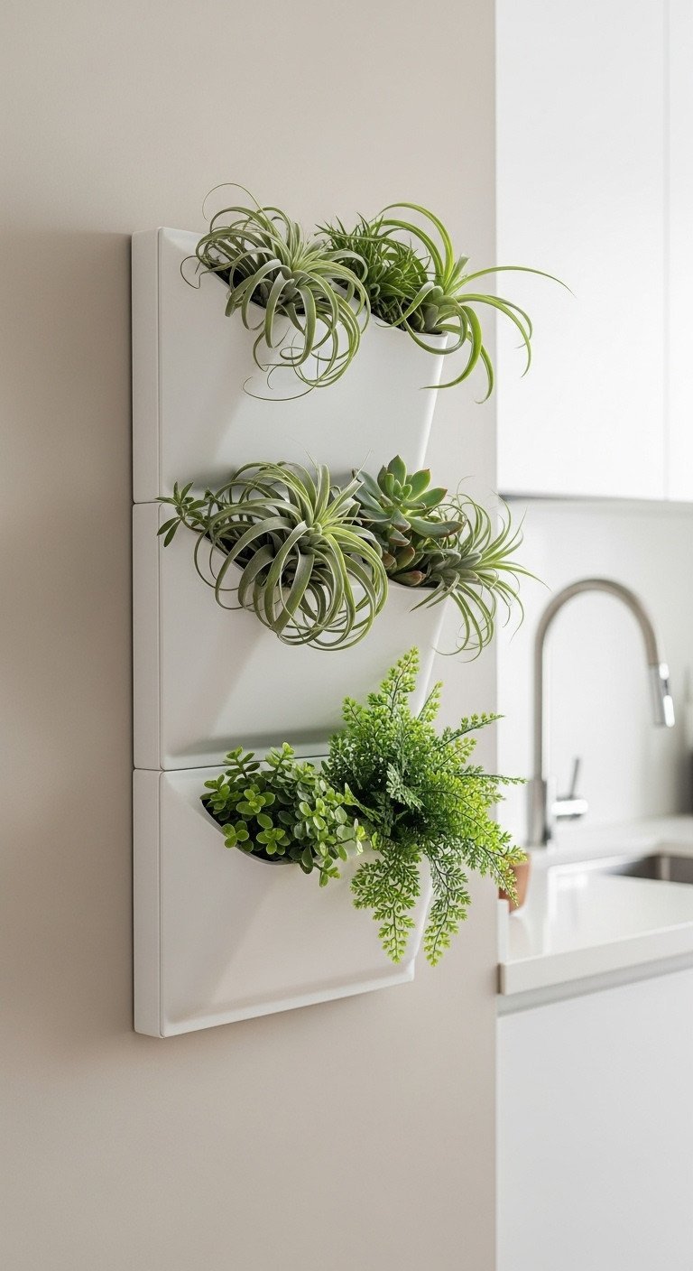 A sleek white modular vertical wall planter creating a living wall of succulents and ferns in a bright, modern apartment kitchen.