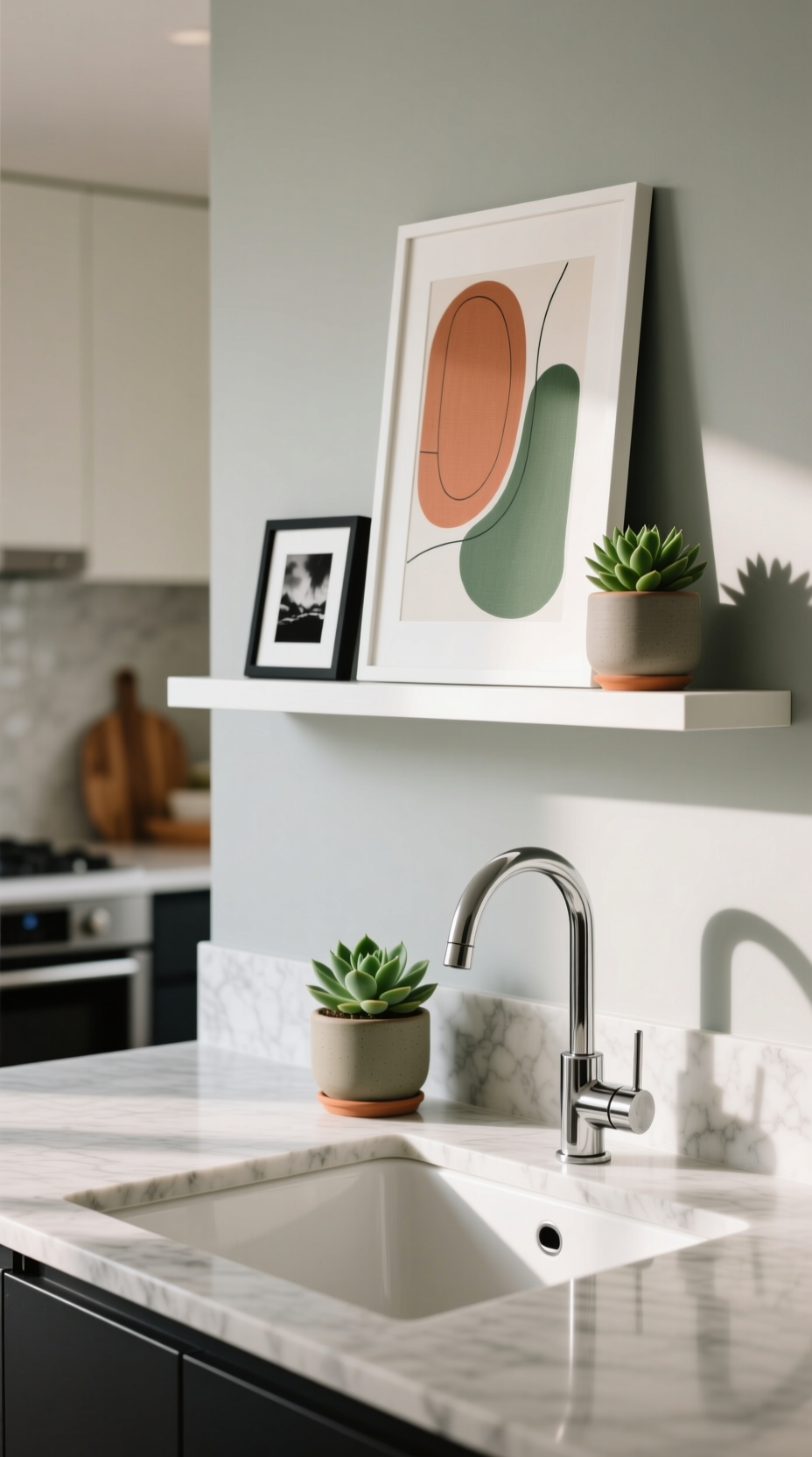 Genius Kitchen Wall Decor Ideas To Elevate Your Sink 16 A slim white picture ledge styled with layered framed art and a succulent on a greige wall in a modern kitchen.
