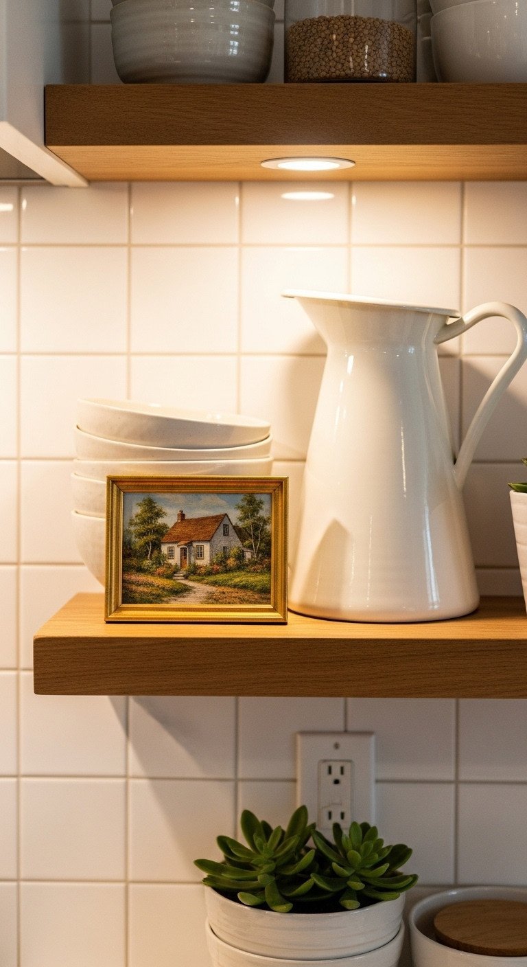 11 Traditional Kitchen Wall Decor Ideas To Get The Look Right 15 A small framed vintage oil painting of a cottage leans on a rustic wooden kitchen shelf against a white tiled backsplash.