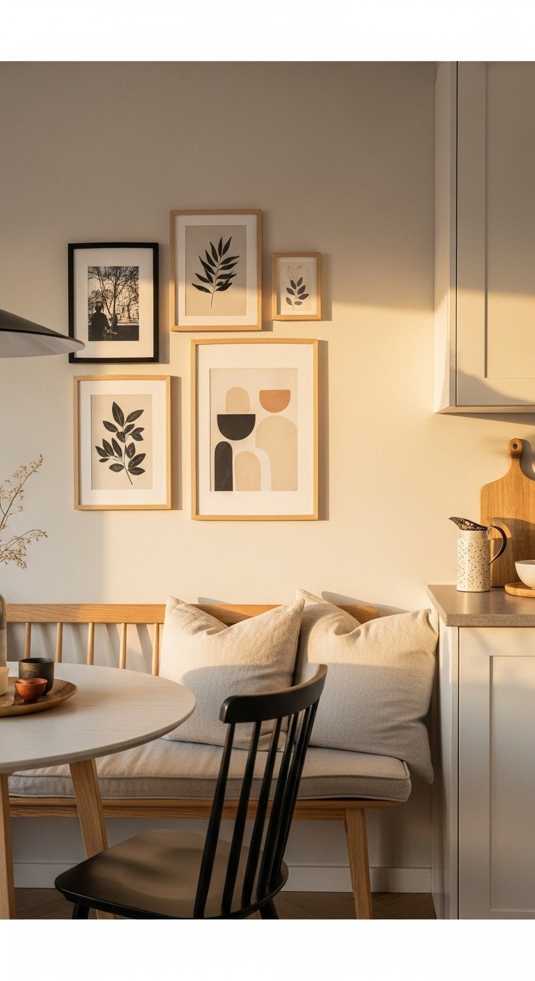 A small gallery wall with five mixed wood and black frames hanging in a cozy Scandinavian kitchen nook above a cushioned bench.