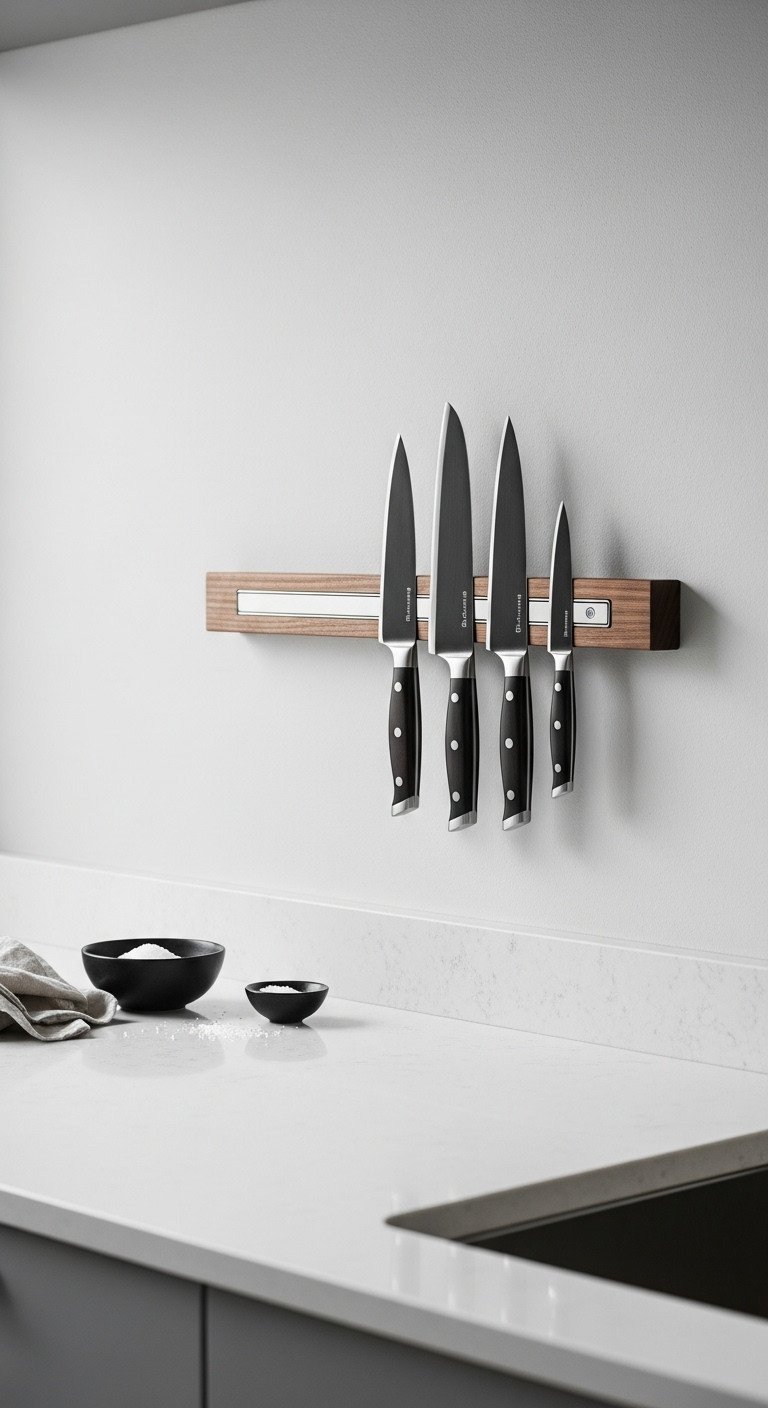 A solid walnut magnetic knife rack with professional knives mounted on a light gray wall in a modern, minimalist kitchen.