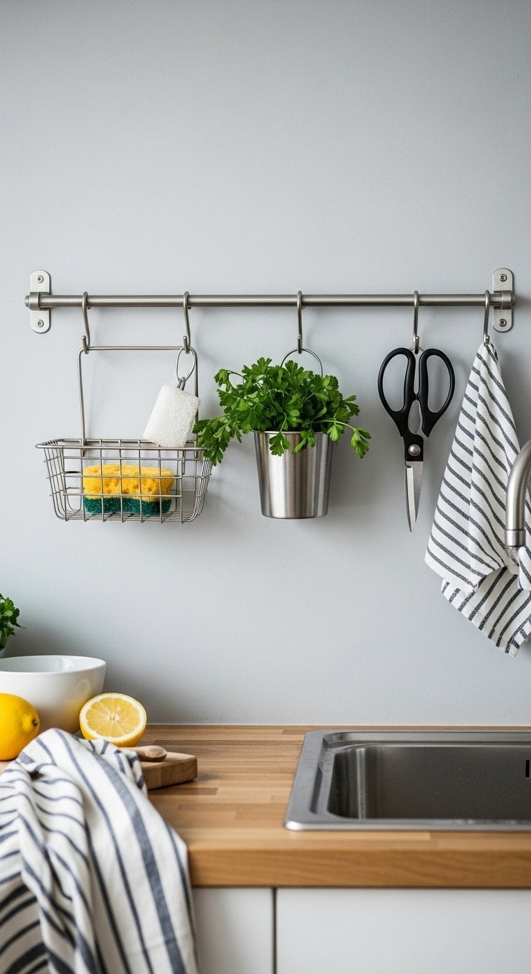 A stainless steel kitchen rail system on a gray wall organizes a sponge, herbs, and shears above a butcher block counter.