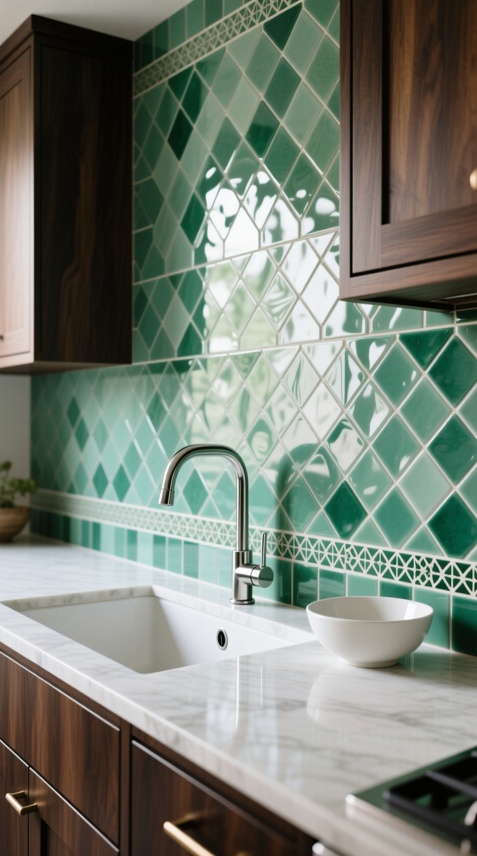 Genius Kitchen Wall Decor Ideas To Elevate Your Sink 7 A stunning floor-to-ceiling kitchen backsplash of glossy, sea green Moroccan Zellige tiles behind a minimalist sink.
