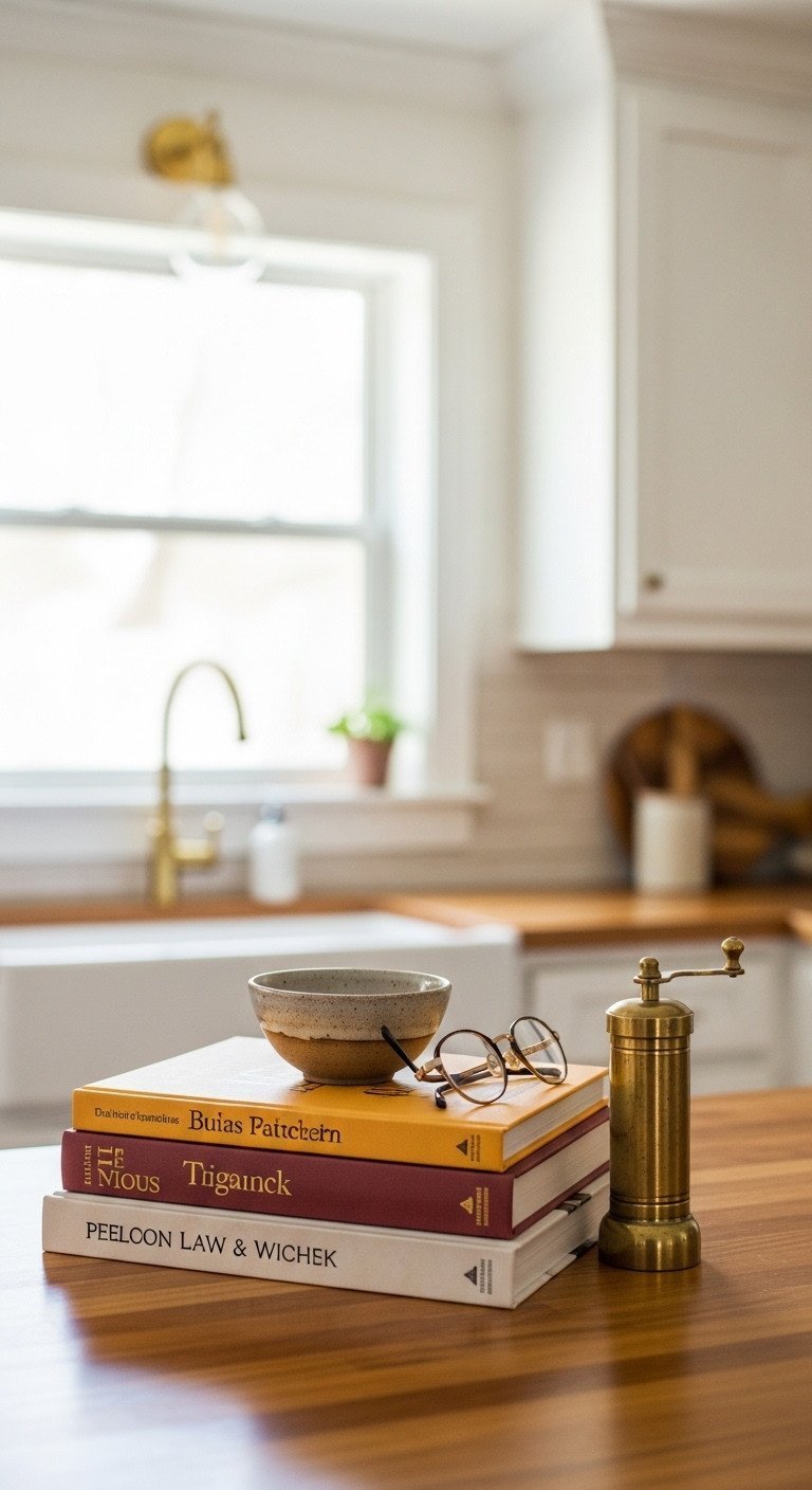 Kitchen Island Decor Secrets For Style And Function 15 A styled stack of hardcover cookbooks with a pottery bowl and brass pepper mill on a butcher block kitchen counter.