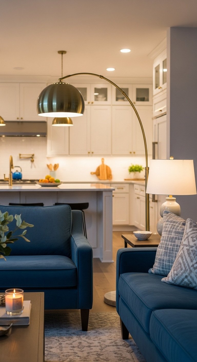 9 Stunning Home Decor Ideas For A Cohesive Living Room And Kitchen 9 A stylish brass arc floor lamp casts a warm glow over a sofa, showcasing a layered lighting scheme in a cozy open-plan home.