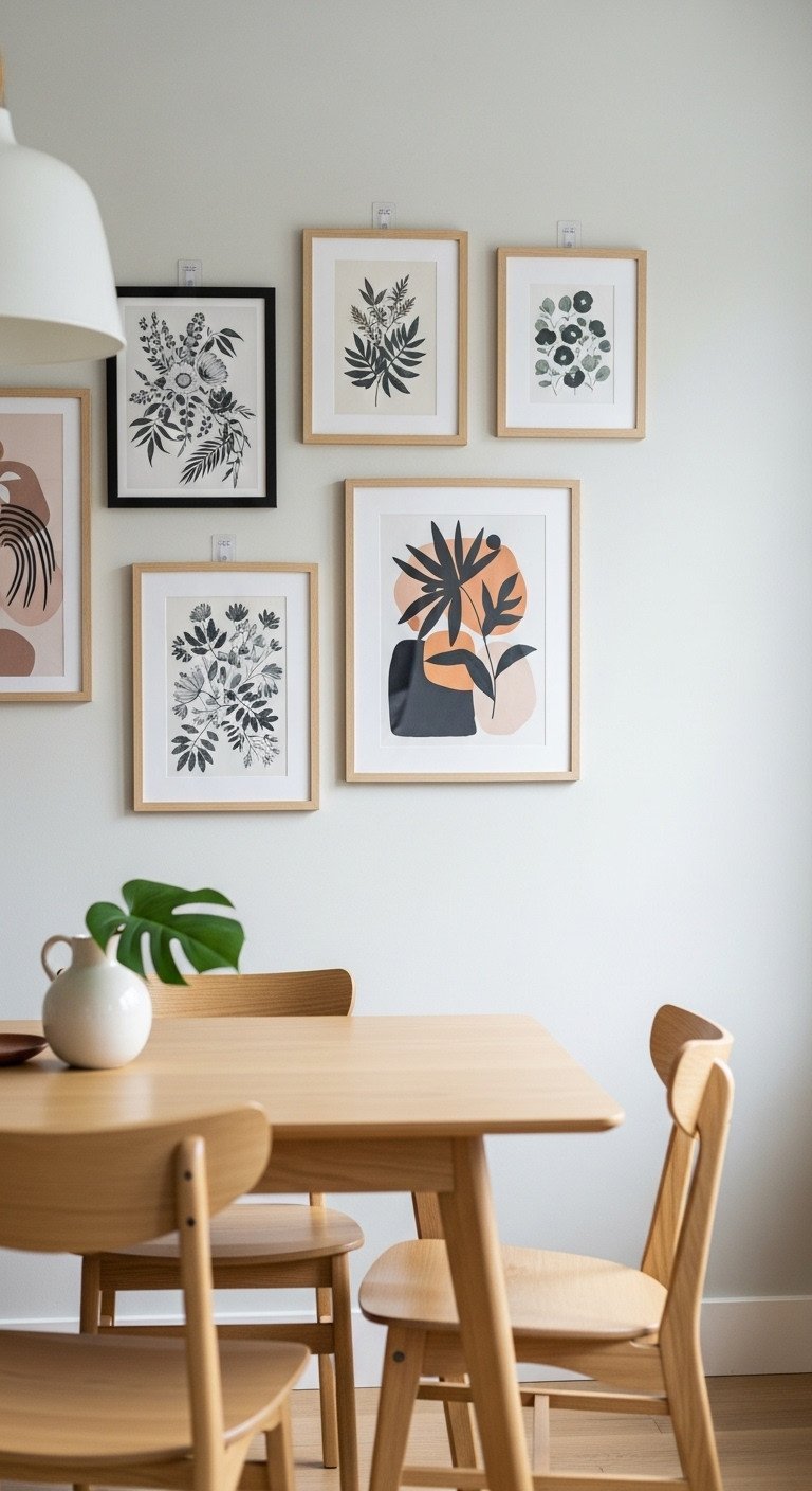 A stylish gallery wall in a kitchen dining nook with mixed wood and black frames showcasing botanical and abstract art.
