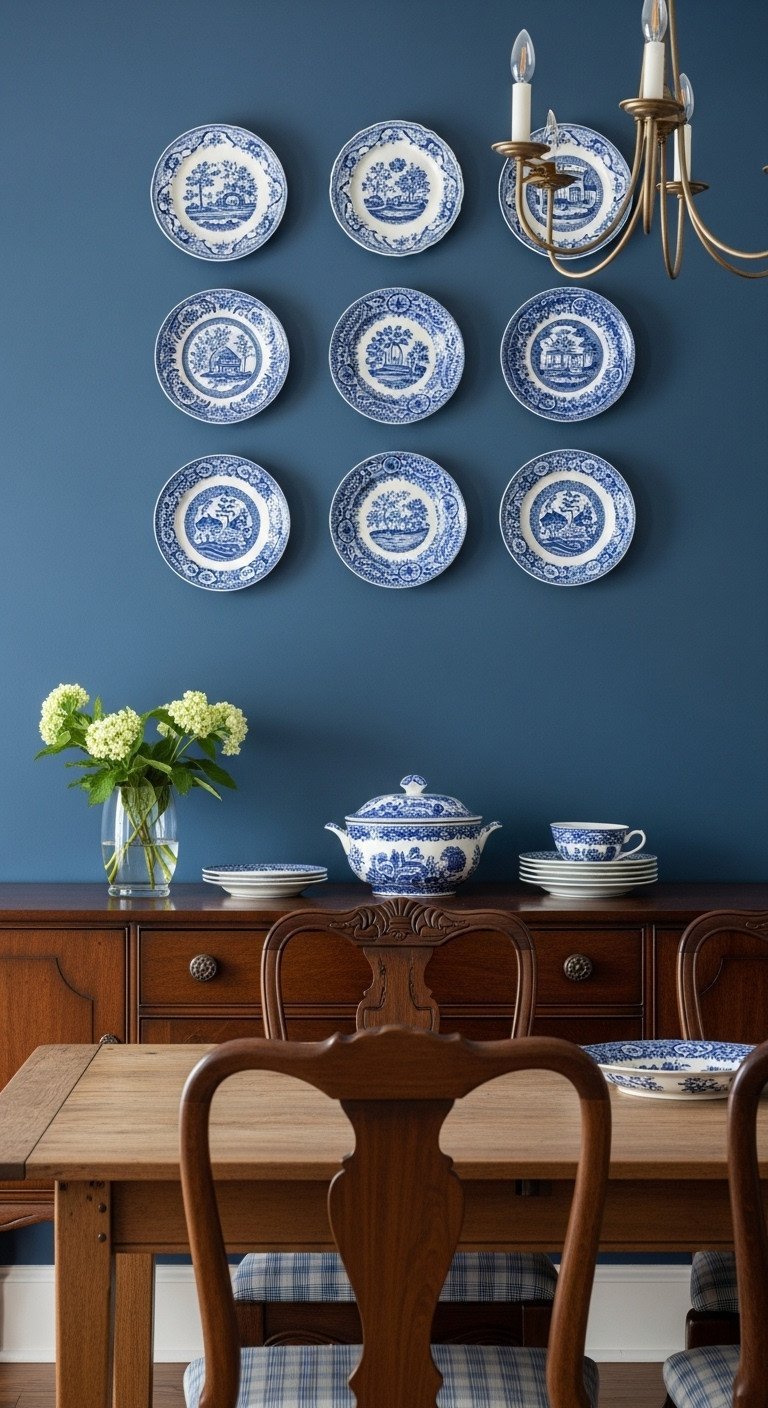 Stunning Plate Wall Decor And The Secrets To Hang It Right 1 A symmetrical 3x3 grid of blue and white vintage transferware plates hung on a navy wall above a dark wood sideboard.