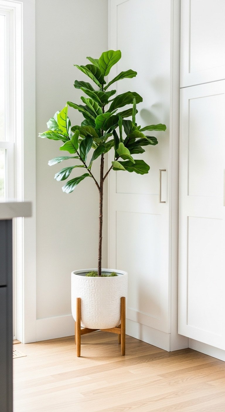 9 Brilliant Kitchen Corner Ideas Beyond The Countertop 17 A tall fiddle leaf fig tree in a white ceramic planter on a wooden stand in a bright kitchen corner.