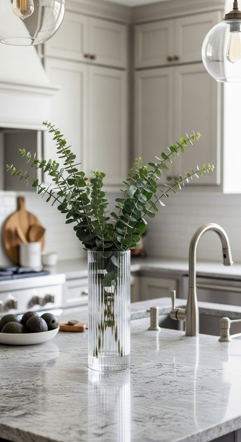 A tall fluted glass vase with eucalyptus stems sits on a grey granite kitchen island for a touch of modern home decor.