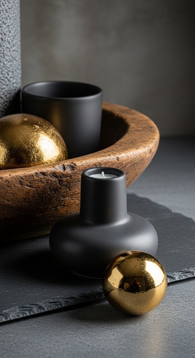 A textured centerpiece with a wooden dough bowl, matte black candle holder, and a gold sphere on a gray slate surface.