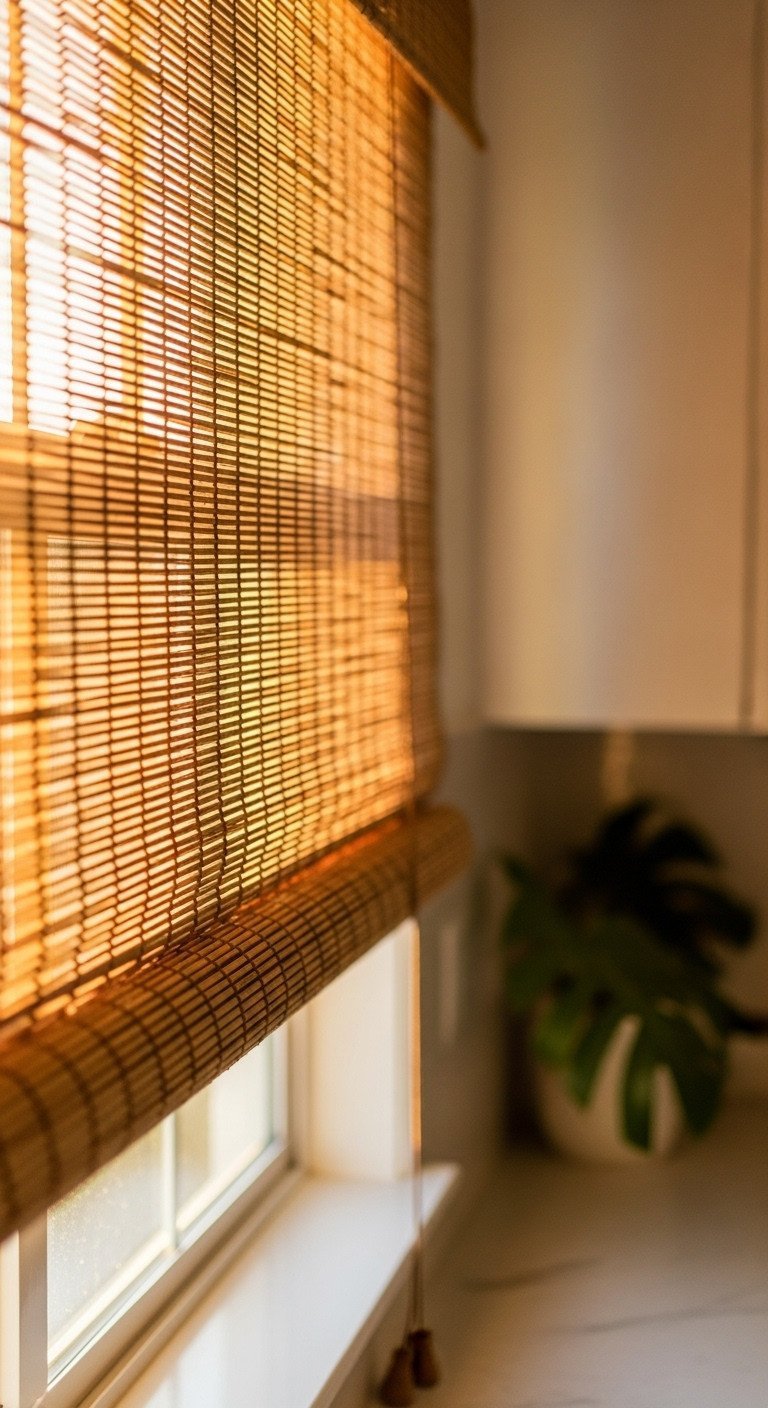 A textured woven wood shade filtering warm sunlight in a bohemian-style kitchen, creating a cozy and inviting glow.