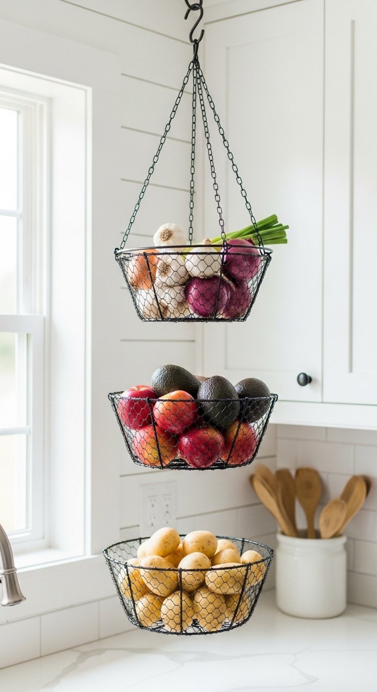 A three-tiered black wire hanging basket in a farmhouse kitchen storing fresh produce like onions, apples, and potatoes.