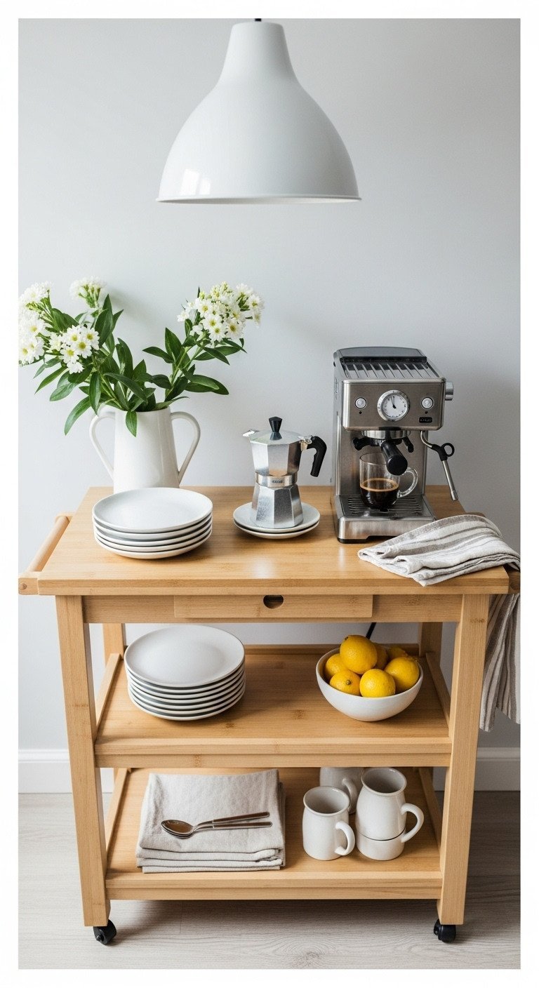 A three-tiered wooden kitchen cart used as a mobile coffee station with an espresso machine and a bowl of fresh lemons.