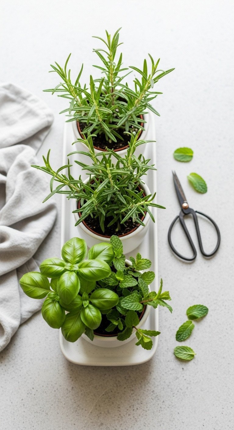 9 Brilliant Kitchen Corner Ideas Beyond The Countertop 13 A top-down view of a kitchen herb garden with basil and rosemary in white pots on a granite countertop.
